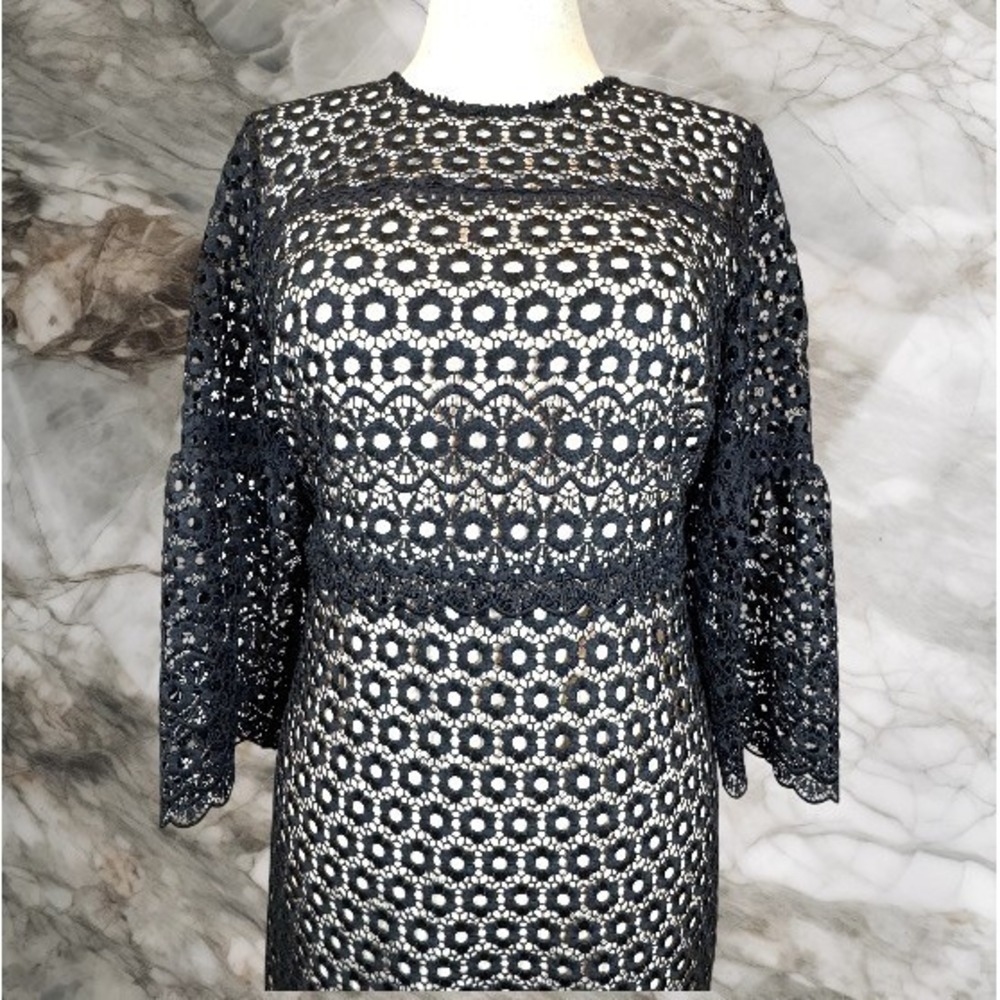 NWT J.Crew G7801 Bell Sleeve Daisylace Sheath Cocktail Dress Black Nude Size 6 - Picture 3 of 16